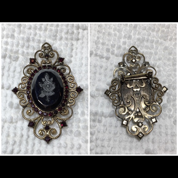 Antique Engraved Rose & Rhinestone Brooch - Picture 1 of 7